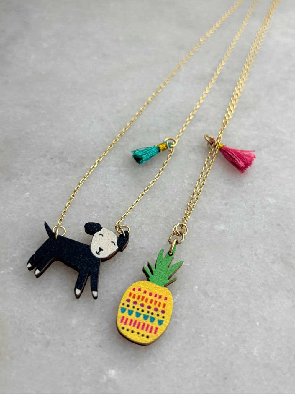 RARE: Set of NATURAL LIFE Boho Wooden Tassel Pineapple & Dog Pendant Necklaces